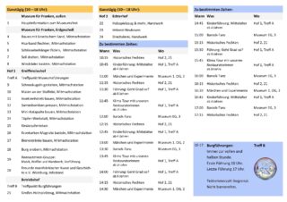 Ein deutschsprachiger Zeitplan für ein Mittelalter-Festival mit gelben und blauen Tabellen, der Veranstaltungen im Museum Für Franken, auf dem Außengelände und im Archehof auflistet.