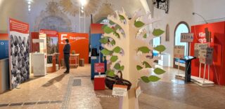 Eine Ausstellung zeigt verschiedene Informationsstände in einem Raum. Im Vordergrund steht ein Aufbaumodell eines Baumes mit grünen Blättern und einem Korb. Im Hintergrund sind Informationswände in Rot und Weiß sowie eine Person, die sich umschaut.