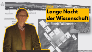 Dr. Frank Falkenstein steht vor einer Präsentation für die "Lange Nacht der Wissenschaft" im Jahr 2026. Im Hintergrund sind Diagramme und Grafiken sichtbar, die verschiedene Daten und Informationen zeigen, umgeben von einem gelben und weißen Design.