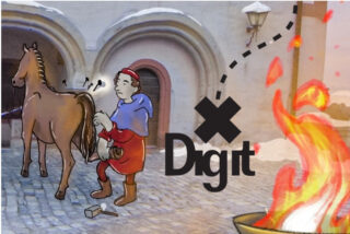 Vor der Kulisse der Festung Marienberg sieht man Comicfiguren. Dieser lassen das historische Leben auf der Burg sichtbar werden.