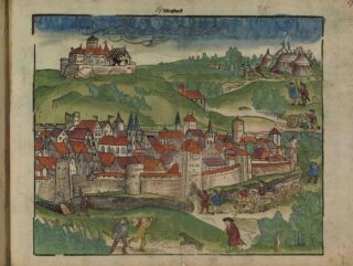 Eine historische Abbildung von Stadt und Festung