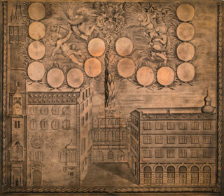 Eine historische Zeichnung zeigt zwei mehrstöckige Gebäude in einer Stadt, umgeben von ovalen Medaillons und dekorativen Elementen an der Oberseite. Die Architektur ist detailliert und im klassischen Stil gehalten.