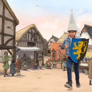 Ein Kind in einem historischen Kostüm mit einem Schild, das ein Löwenwappen zeigt, läuft durch eine belebte mittelalterliche Marktstraße mit Ständen und Menschen in traditioneller Kleidung.