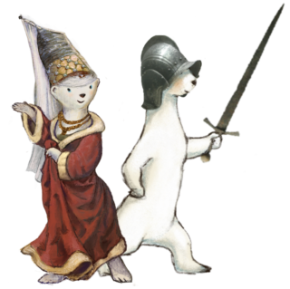 Ein fantasievolles Duo: eine Figur in rotem Gewand mit Kopfbedeckung und eine weiße Figur, die einen Helm trägt und ein Schwert hält. Beide stehen nebeneinander, bereit für ein Abenteuer.