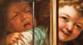 Ein Gemälde, das zwei Kinder zeigt, die durch ein Fenster schauen. Eines der Kinder hat einen besorgten Ausdruck, während das andere freundlich lächelt. Die Szene ist detailreich und vermittelt eine kindliche Neugier.