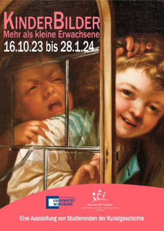 Ein Plakat für die Ausstellung "KinderBilder" mit den Daten 16.10.23 bis 28.1.24, das die Gesichter von zwei Kindern zeigt, die durch ein Fenster schauen. Der Hintergrund enthält Informationen zur Universität Würzburg und dem Museum am Dom.
