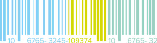 Ein farbiger Barcode mit blauen und grünen Linien in unterschiedlicher Höhe, der zwischen Kombinationen aus Ziffern unterbrochen ist. Der Barcode umfasst die Nummern 10, 6765-3245-109374 und 6765-32.