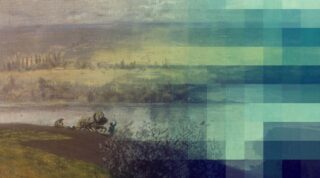 Eine landschaftliche Darstellung mit einem Fluss, Bäumen und einem Pferd an einem Karren. Der obere Teil des Bildes hat eine abstrakte, geometrische Farbverlaufsgestaltung in Blau- und Grüntönen.