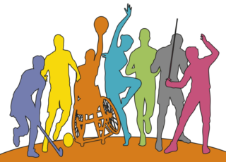 Silhouetten von Sportlern in verschiedenen Posen, einschließlich einer Person im Rollstuhl, die eine Sportart ausübt. Die Figuren sind in bunten Farben vor einem orangefarbenen Hintergrund dargestellt.