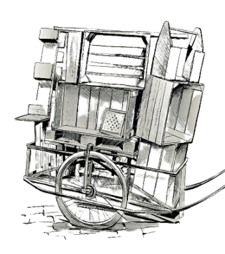 Eine handgefertigte Holzkiste auf einem Rad, die eine Vielzahl von Regalen und Fächern enthält. Die Kiste hat ein einfaches Design mit rustikalen Elementen und der Fokus liegt auf der Struktur und den Details der Holzkonstruktion.