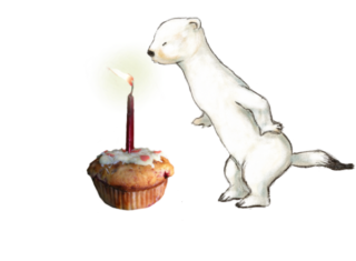 Museumsmaskottchen Mimi pustet eine Geburtstagskerze auf einem Muffin aus.