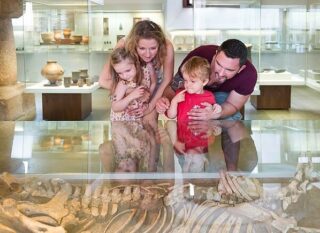 Eine Familie betrachtet gemeinsam eine Vitrine in der Archäologischen Sammlung. Ein Kind zeigt fasziniert auf ein Objekt in der Vitrine.