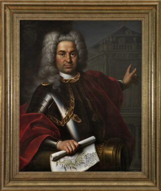 Balthasar Neumann als Bauherr mit Zirkel und Bauplan