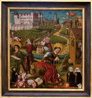 Gemälde: Martyrium des Hl. Kilian und seiner Gefährten. Es zeigt die Geschichte des Heiligen Kilian wie in einem bunten Comic, aber aus dem Mittelalter.