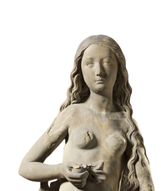 Skulptur einer nackten Frau mit Apfel in der Hand. Sie ist sehr anmutig. Die Figur "Eva" ist ein Meisterwerk Riemenschneiders.