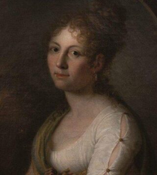 Selbstporträt der Künstlerin Margarete Geiger. Sie schaut den Betrachtenden mit verschränkten Armen und selbstbewusstem Blick entgegen.