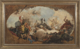 Entwurf eines Deckengemäldes von Giovanni Battista Tiepolo (Mitte 18. Jahrhundert): "Apoll führt Beatrix von Burgund dem Kaiser Friedrich Barbarossa als Braut zu" zeigt einen Brautzug in den Wolken.