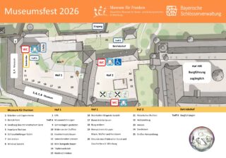 Karte des Museumsfests 2026 für das Museum für Franken mit markierten Höfen, Eingängen, WC- und barrierefreien Symbolen sowie einem Hinweis auf den nur mit Burgführung zugänglichen Bereich.