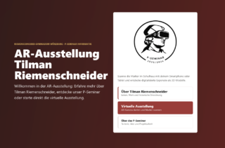 Eine AR-Ausstellungsseite zu Tilman Riemenschneider mit großem Titel links und einem Smartphone-Layout rechts, das ein Logo, kurze Anweisungen und Schaltflächen für die virtuelle Ausstellung zeigt.